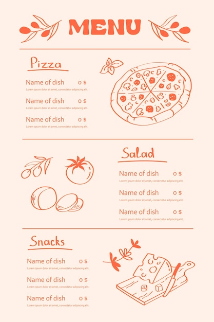 Italian pizza restaurant menu sketch Pizzas salad snacks