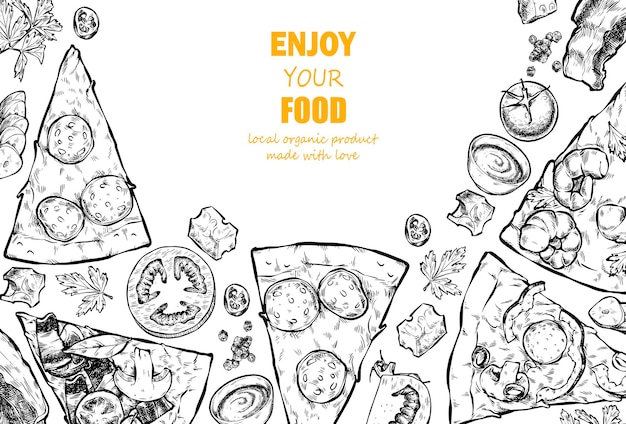 Schizzo di pizza italiana vista dall'alto della pizza ai peperoni ingredienti in cornice illustrazione per un menu