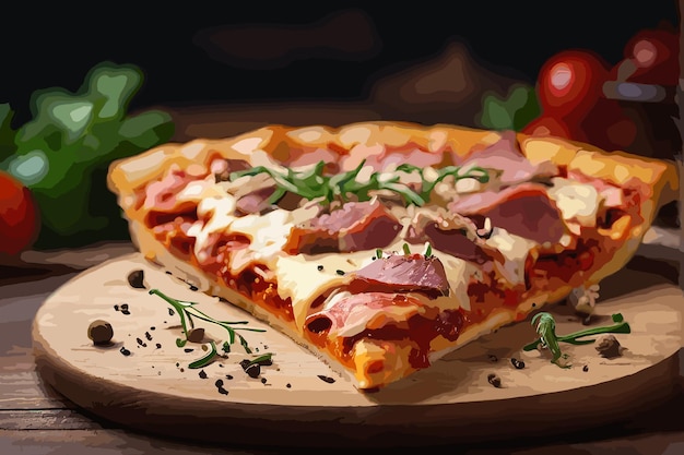 Vettore pizza italiana su uno sfondo di legno con pepperoni formaggio pomodori peperoni funghi