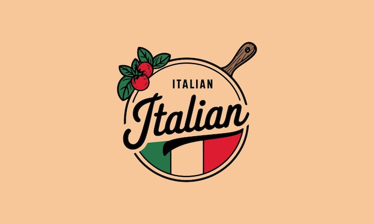 Vector italian restaurant logo with pizza board and ingredients