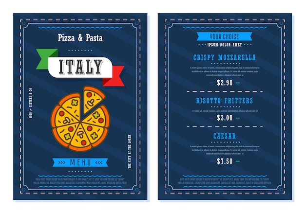 Vettore modello di progettazione del menu di ristorante o pizzeria italiano