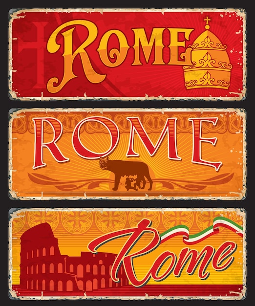 Vector italian rome city travel stickers and plates italian capital city grunge banners or tin signs travel plates with golden papal tiara and christian cross coliseum building and capitoline wolf