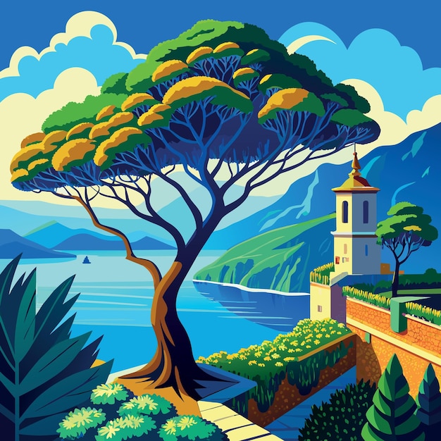Vector italian stone pine tree in front of villa rufolo with beautiful blue ocean view ravello southern