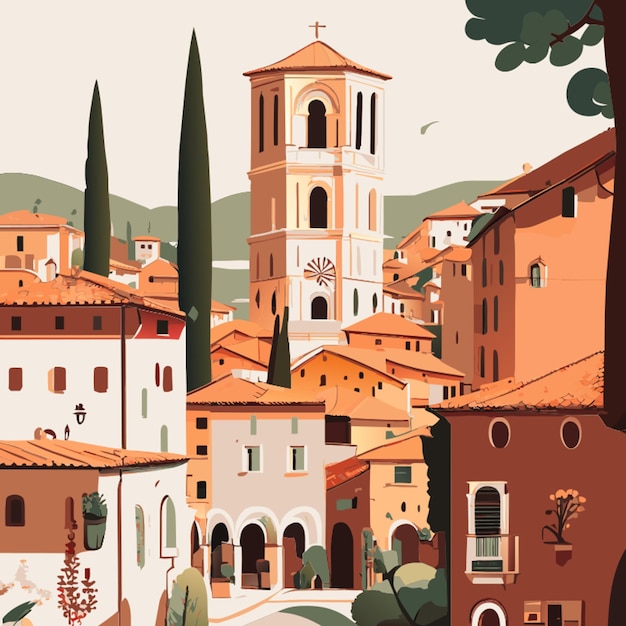 italian town high walls vertical windows tiled roofs narrow streets sunny day cypress tree church