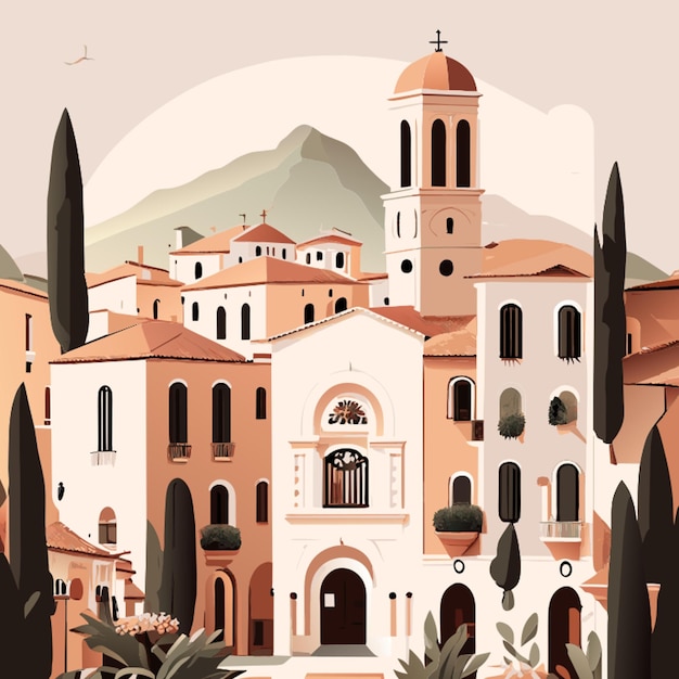 Вектор Итальянский город высокие окна кипарисы церкви узкие улицы каменные здания ультра