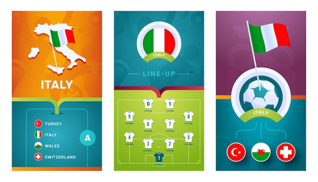 Italië team europese voetbal verticale banner ingesteld voor sociale media. italië groep een banner met isometrische kaart, speldvlag, wedstrijdschema en opstelling op voetbalveld