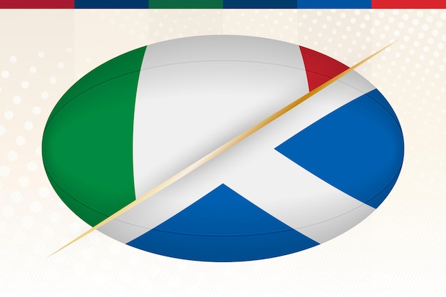 Italië versus Schotland, concept voor rugbytoernooi. Vector vlaggen gestileerde rugbybal.