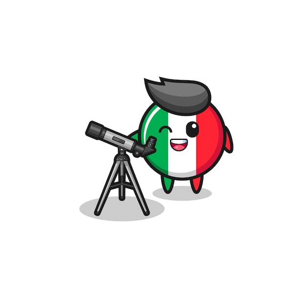 Italië vlag astronoom mascotte met een moderne telescoop, schattig design