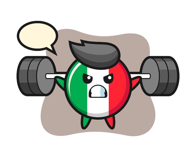 Italië vlag badge mascotte cartoon met een barbell, schattige stijl, sticker, logo-element