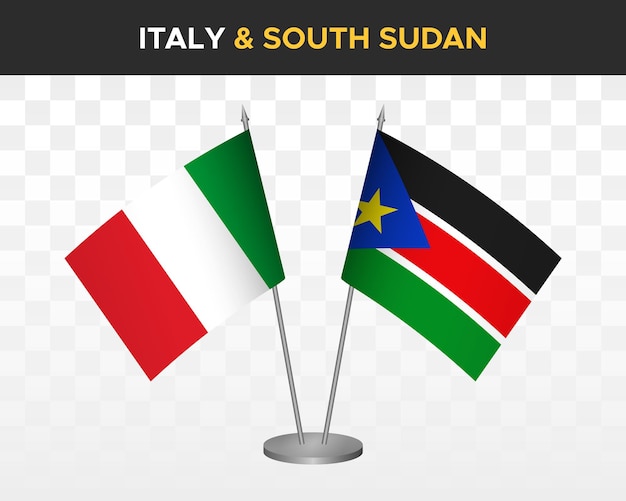 Italië vs Zuid-Soedan Bureau vlaggen mockup geïsoleerde 3d vector illustratie Italiaanse tafel vlaggen