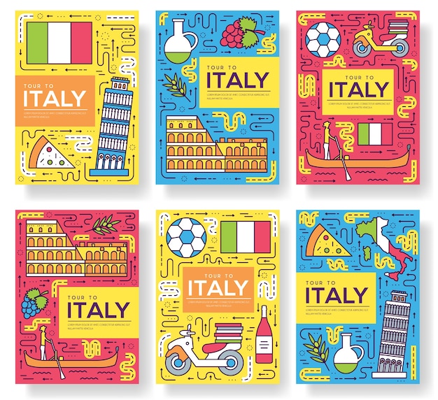 Italy cards thin line set illustration