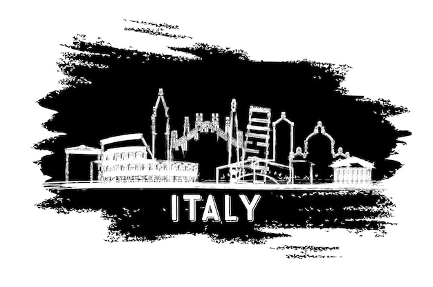イタリアの街のスカイラインのシルエット。手描きのスケッチ。ベクトルイラスト。歴史的な建築とビジネス旅行と観光の概念。ランドマークのあるイタリアの街並み。