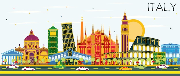 色のランドマークとイタリアの街のスカイライン。ベクトルイラスト。歴史的な建築とビジネス旅行と観光の概念。プレゼンテーションバナープラカードとWebサイトの画像。