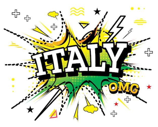 Testo comico in italia in stile pop art isolato su sfondo bianco