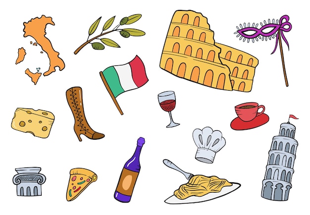 L'italia doodle collezioni di set disegnati a mano con illustrazione vettoriale di stile piatto contorno