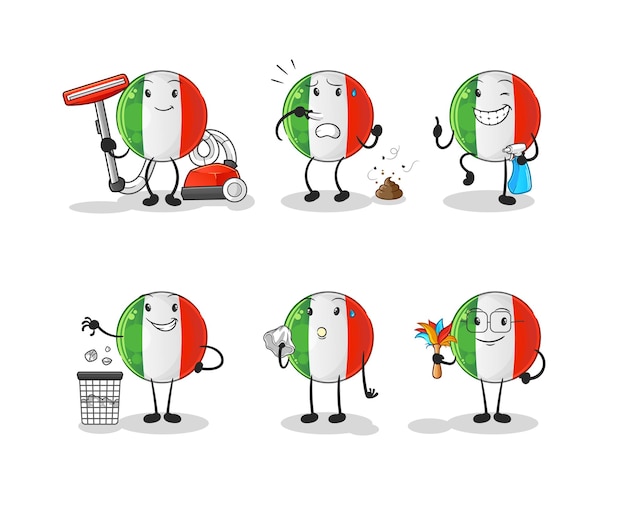 Vettore carattere del gruppo di pulizia della bandiera dell'italia. vettore della mascotte del fumetto