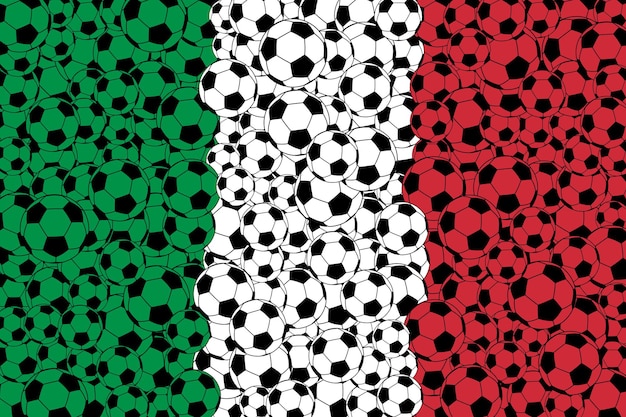 Bandiera dell'italia, composta da palloni da calcio nei colori verde, bianco e rosso