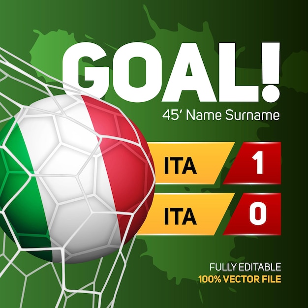 Italy flag football soccer ball mockup scoring goal scoreboard banner 3d vector illustration
