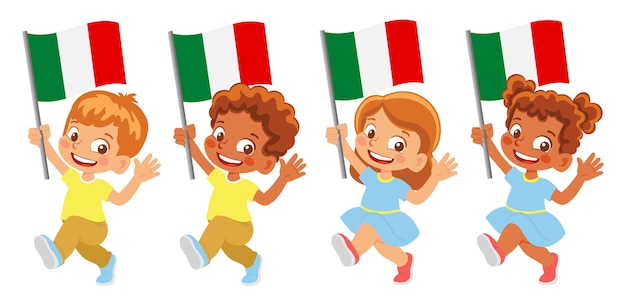 Vettore bandiera dell'italia in mano. bambini che tengono bandiera. bandiera nazionale d'italia