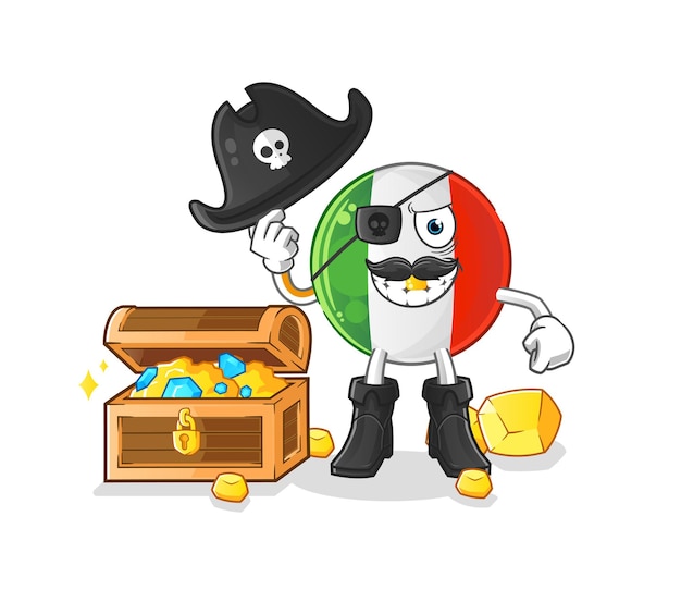 Vettore pirata bandiera italia con mascotte del tesoro. vettore del fumetto