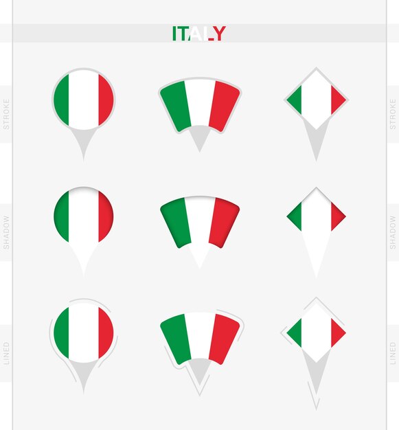 Bandiera dell'italia insieme di icone di posizione pin della bandiera dell'italia