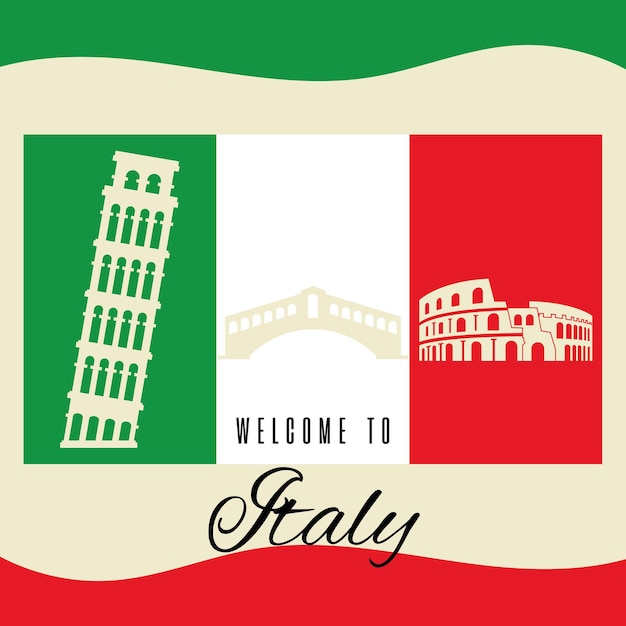 Vettore bandiera dell'italia con silhouette di famosi punti di riferimento cartolina di viaggio in italia vettore