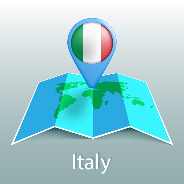 Italy flag world map in pin with name of country on gray background