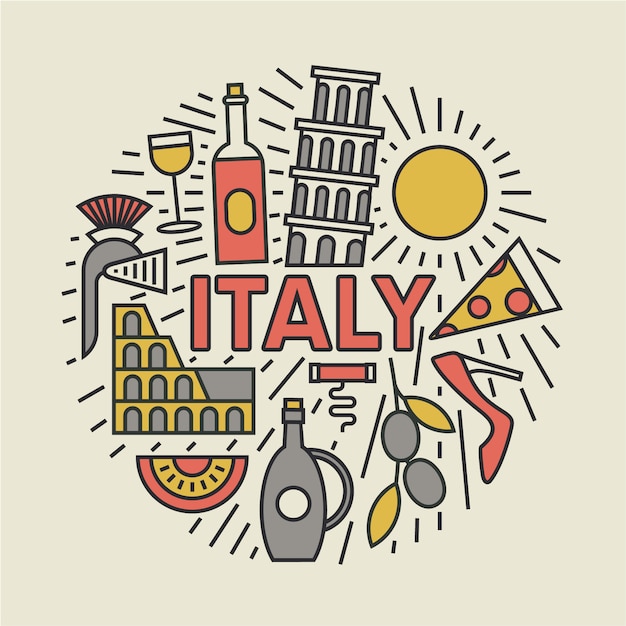 L'italia, illustrazione piatta, set di icone, sfondo di viaggio.