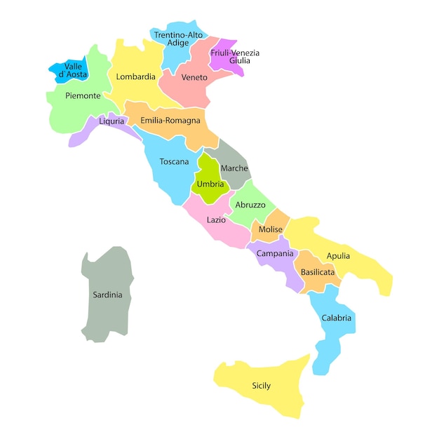 イタリア地図の背景に地域と地域名が白い背景に分離されたイタリア地図の色で表示されます