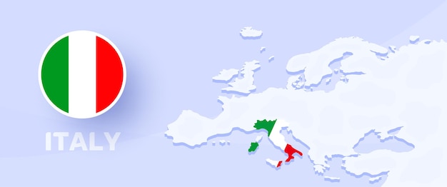 Bandiera della mappa dell'italia. illustrazione vettoriale con una mappa dell'europa e paese evidenziato con bandiera nazionale