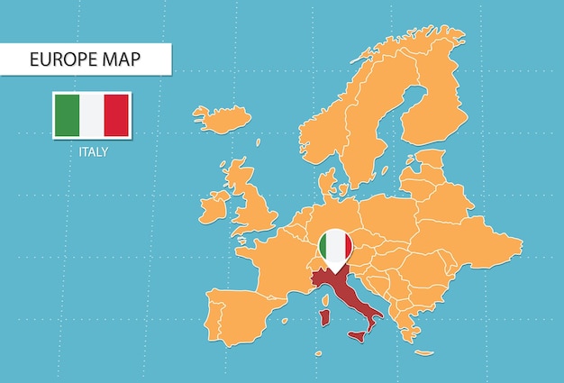 ヨーロッパのイタリア地図、イタリアの場所とフラグを示すアイコン。