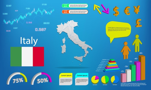 Italia mappa info grafici grafici simboli elementi e raccolta di icone mappa dettagliata dell'italia con elementi di infografica aziendale di alta qualità