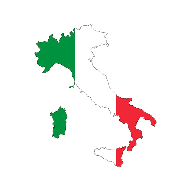 白い背景の上の旗とイタリアの地図のシルエット