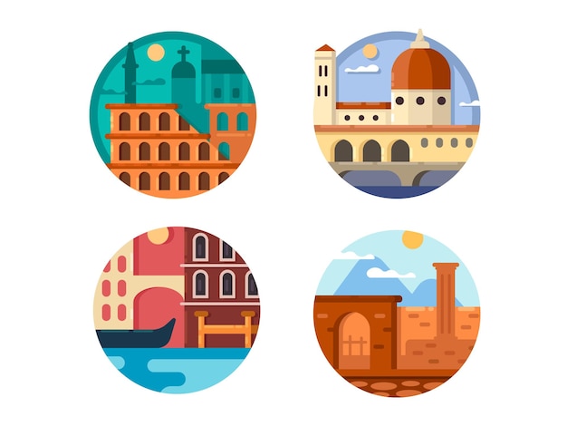 Набор Италии. Колизей в Риме и речные каналы Венеции. Векторная иллюстрация. Пиксельный идеальный размер иконок