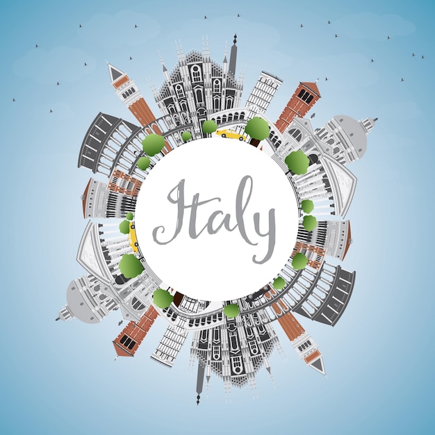 Italy Skyline with Landmarks and Copy Space. Vector Illustration. Business Travel and Tourism Concept with Historic Architecture. Image for Presentation Banner Placard and Web Site.