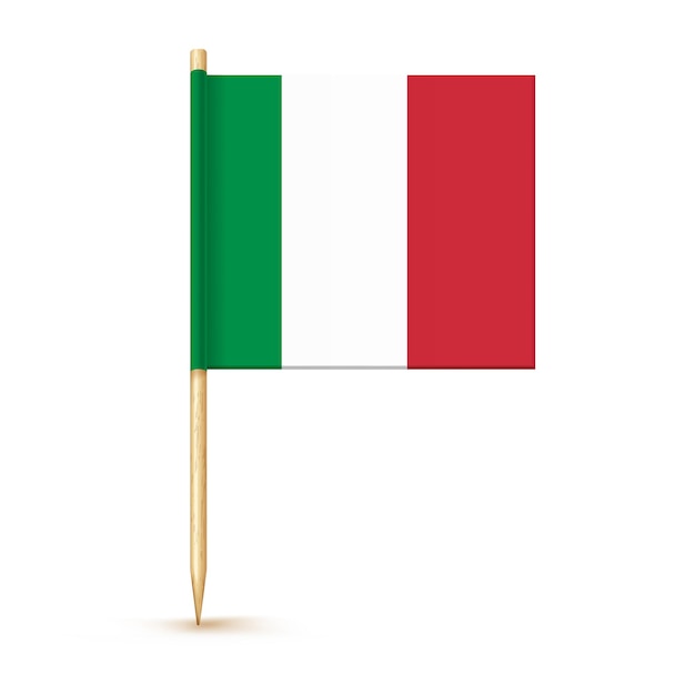 白い紙で木の棒に分離されたイタリアのつまようじフラグ 昼食のための現実的な小さなつまようじ