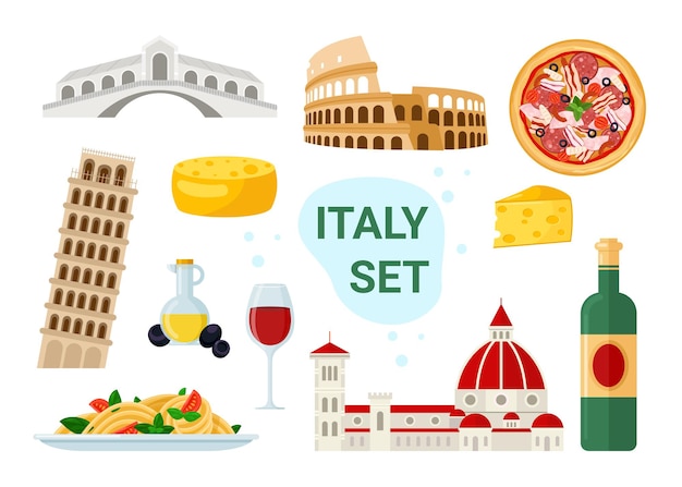 Набор иллюстраций туризма италии. мультяшный знаменитое итальянское меню еды и напитков с пиццей, спагетти