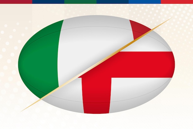 Italy versus England, concept for rugby tournament. Vector flags stylized Rugby ball.