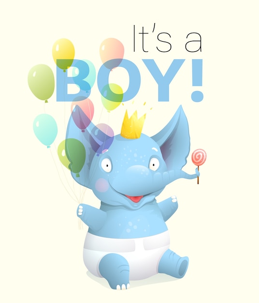 Это открытка для мальчика с слоненком, празднующим день рождения. милый новорожденный персонаж-животное с воздушными шарами и пеленками, веселый и счастливый. вектор 3d реалистичный художественный мультфильм для детских мероприятий.