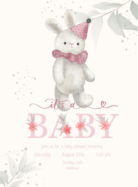 È un modello di invito con scritta baby baby shower con peluche ad acquerello e foglia verde