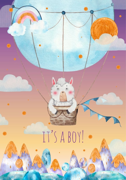 Its a boy baby shower greeting card, cute lama lying in blue hot air balloon over the mountains