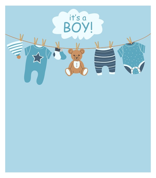its a boy baby shower party invitation invitation with childrens clothes and toys hanging