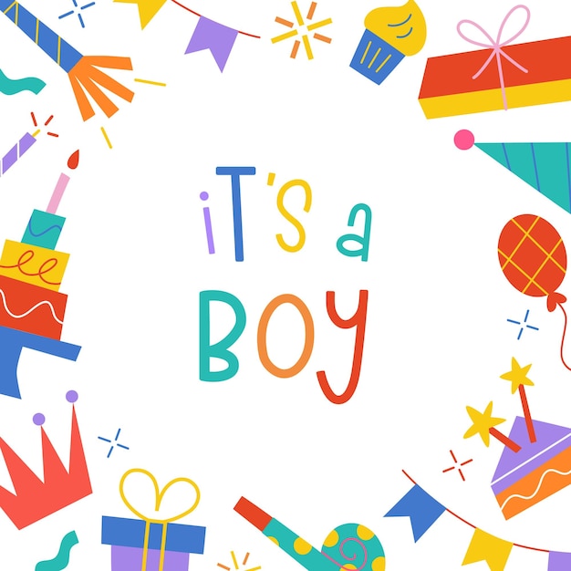 Its a boy vector illustration colorful flat cartoon style baby boy greeting card balloons gifts cake