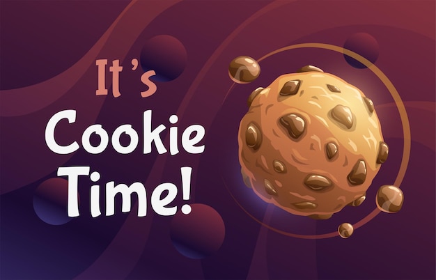 Il suo tempo di biscotti poster astratto vettoriale con pianeta biscotto al cioccolato dolce cartone animato