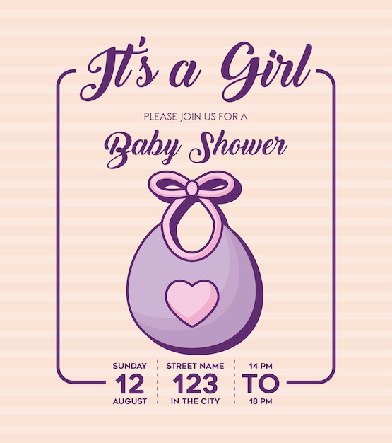 È una ragazza-baby invito doccia con icona pettorina su sfondo, design colorato. illustrazione vettoriale