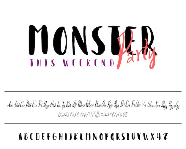 Vector its a party monster banner vector illustration hand drawn typeface set isolated on white