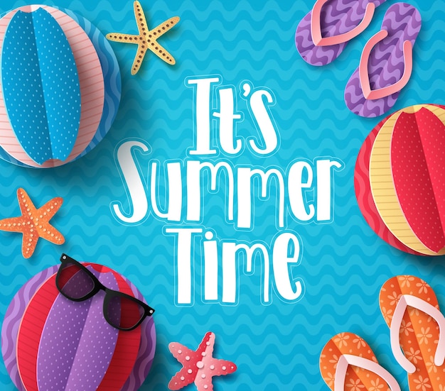 Its summer time vector banner with flat paper cut elements floating in blue beach pattern