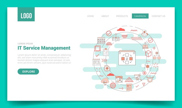 Концепция управления информационными технологиями itsm со значком круга для шаблона веб-сайта или домашней страницы целевой страницы