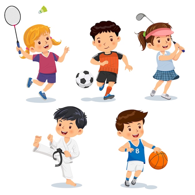 さまざまなスポーツバドミントンサッカーゴルフ空手バスケットボールをしている子供たち