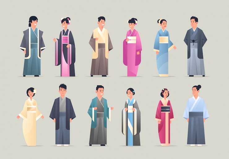 Vector іуе asian men women wearing traditional clothes smiling people in national ancient costumes standing pose chinese or japanese male female cartoon characters full length flat horizontal